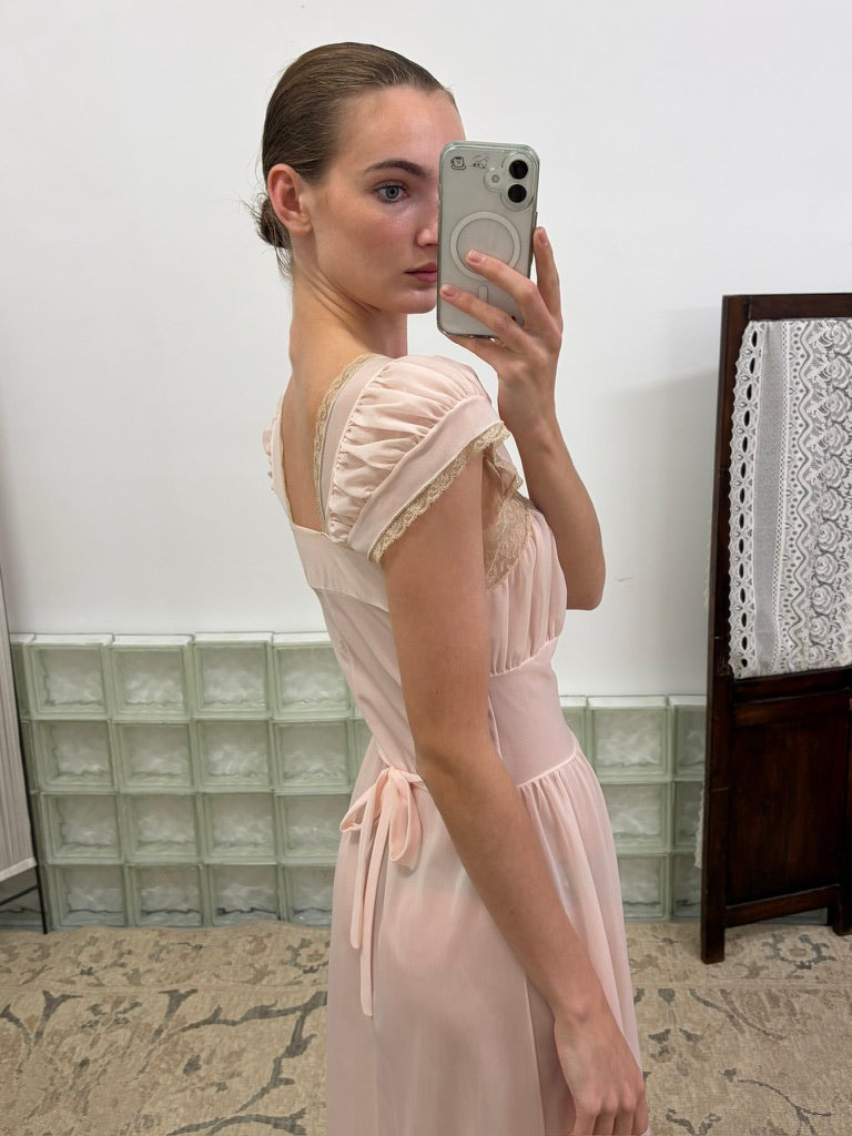 Vintage 60s baby pink semi sheer slip dress with lace trim