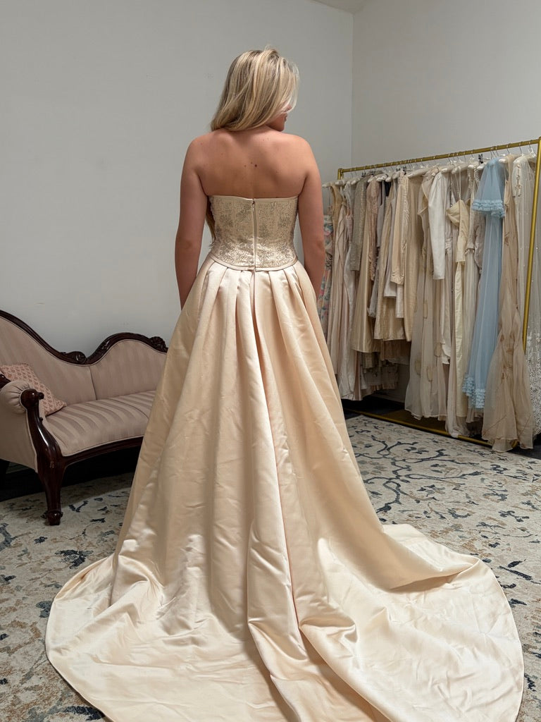 Vintage 00s Pronuptia champagne strapless wedding dress with detachable train