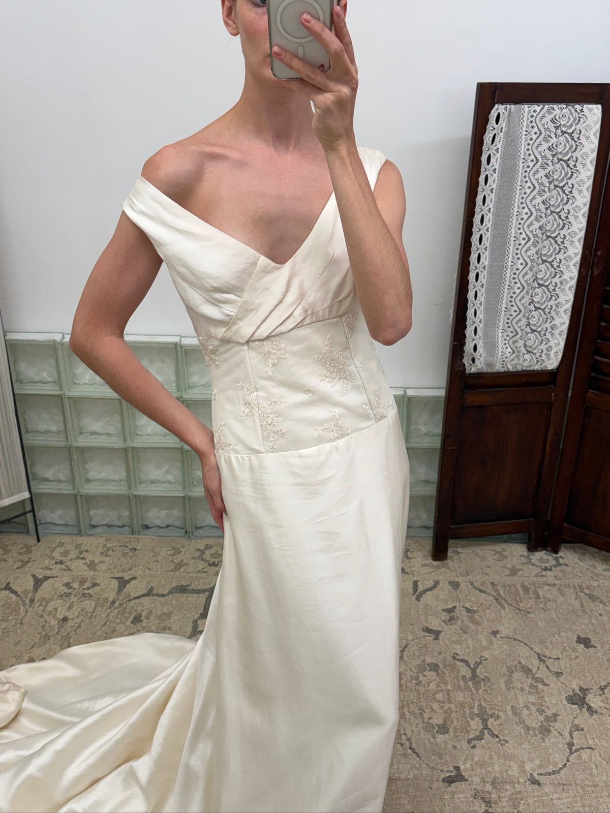 Vintage 90s pure silk wide v neck wedding gown with train