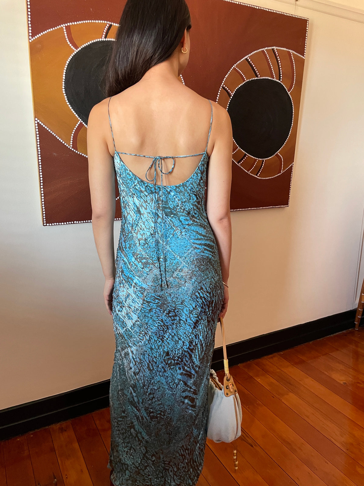 Vintage 90s blue silk beaded slip dress