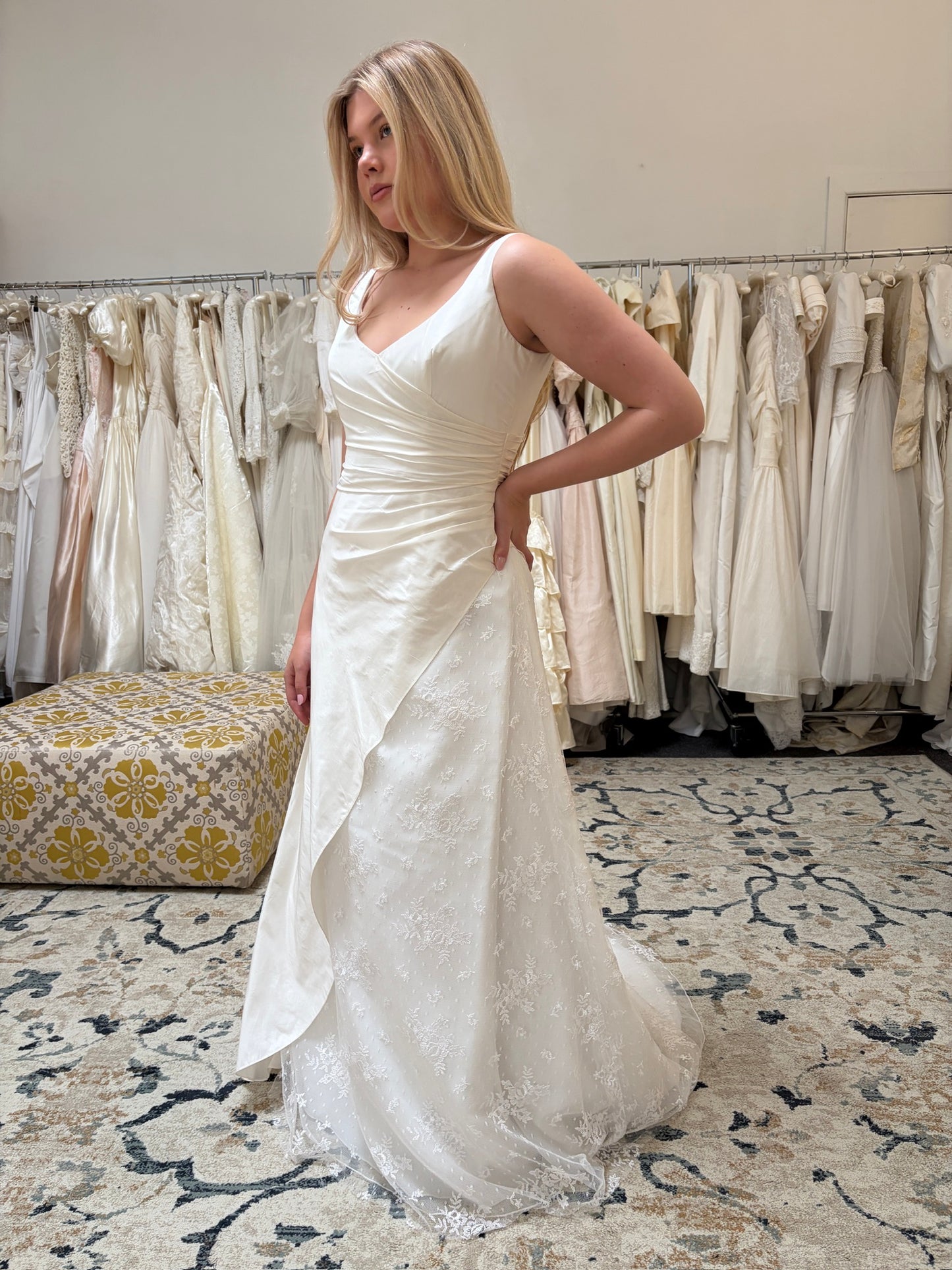 Vintage 00s V-neck draped silk taffeta lace wedding gown with train