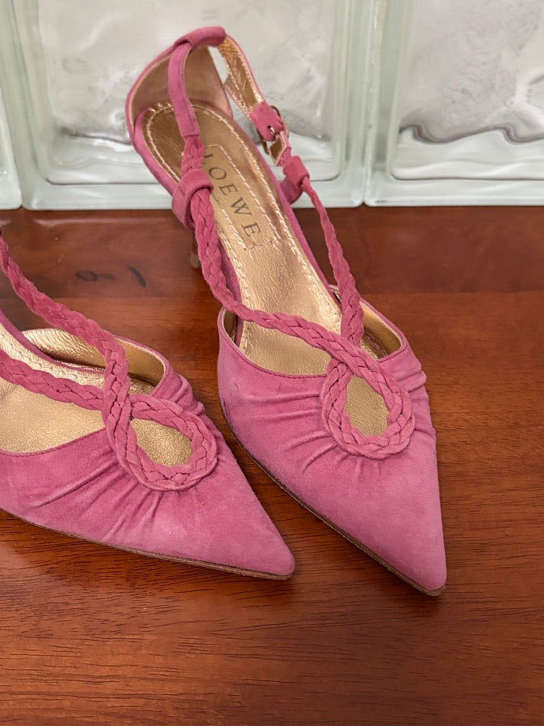 Vintage Loewe pink suede pointed toe heels with braided straps
