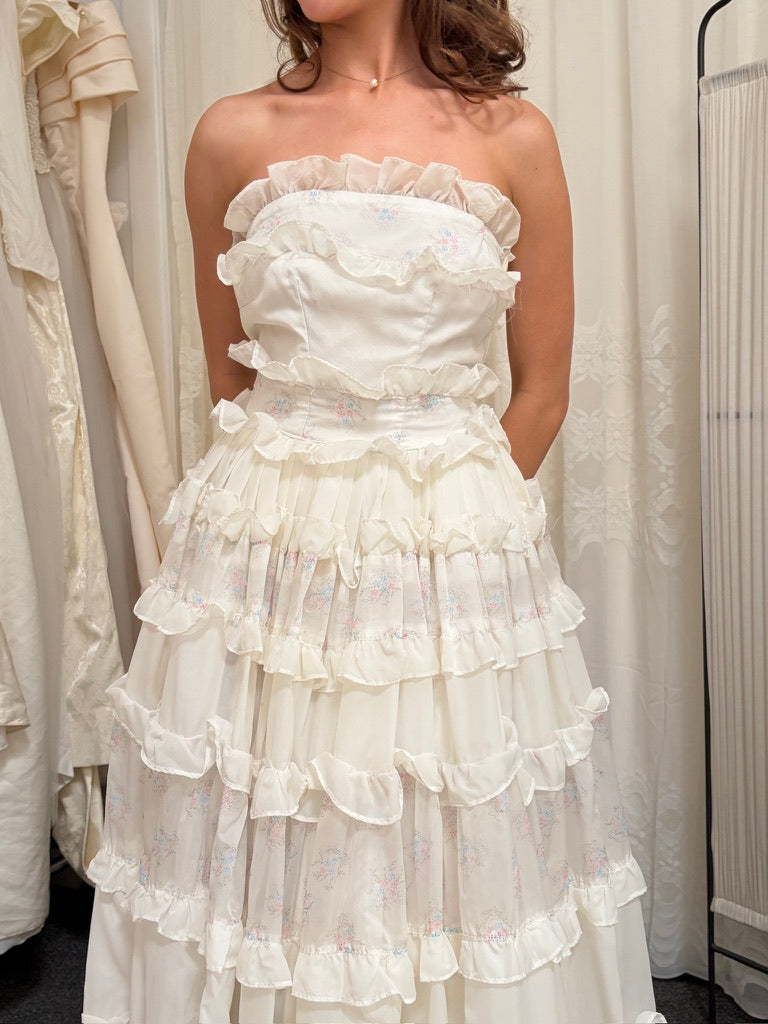 Vintage 60s ivory strapless cupcake dress with floral trim and ruffles