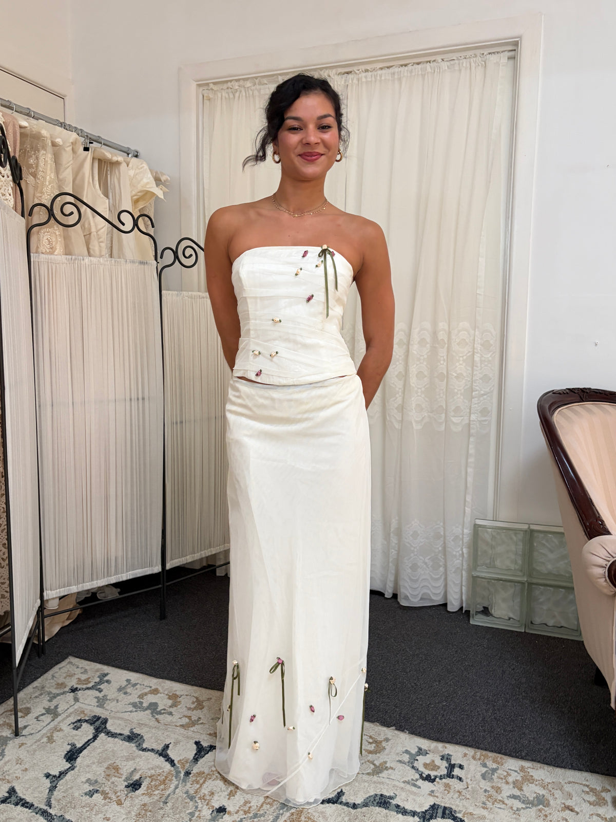 Vintage 90s Ivory corset and maxi skirt set with rosettes