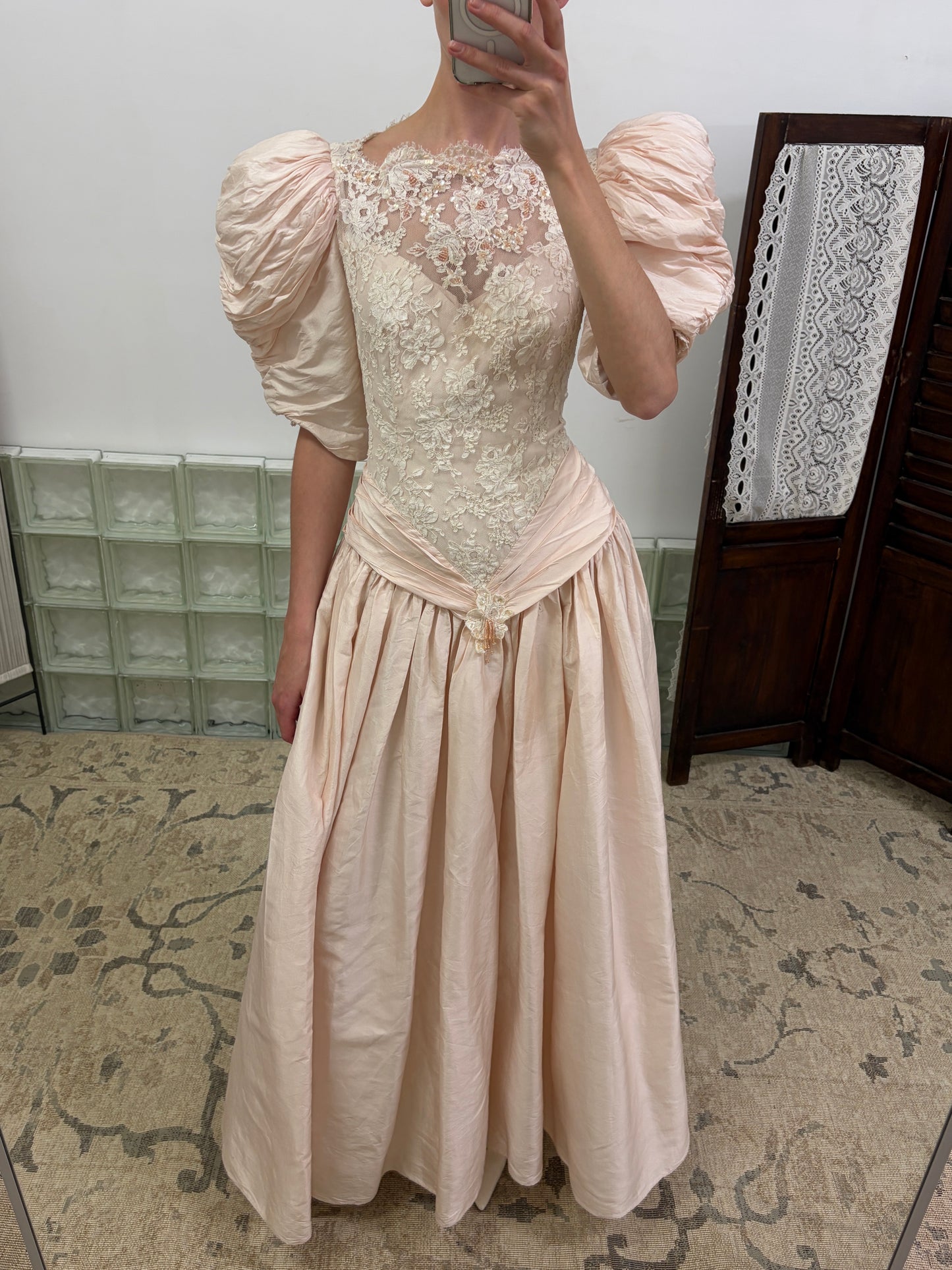 Vintage 80s ballerina pink puff sleeve basque waist gown