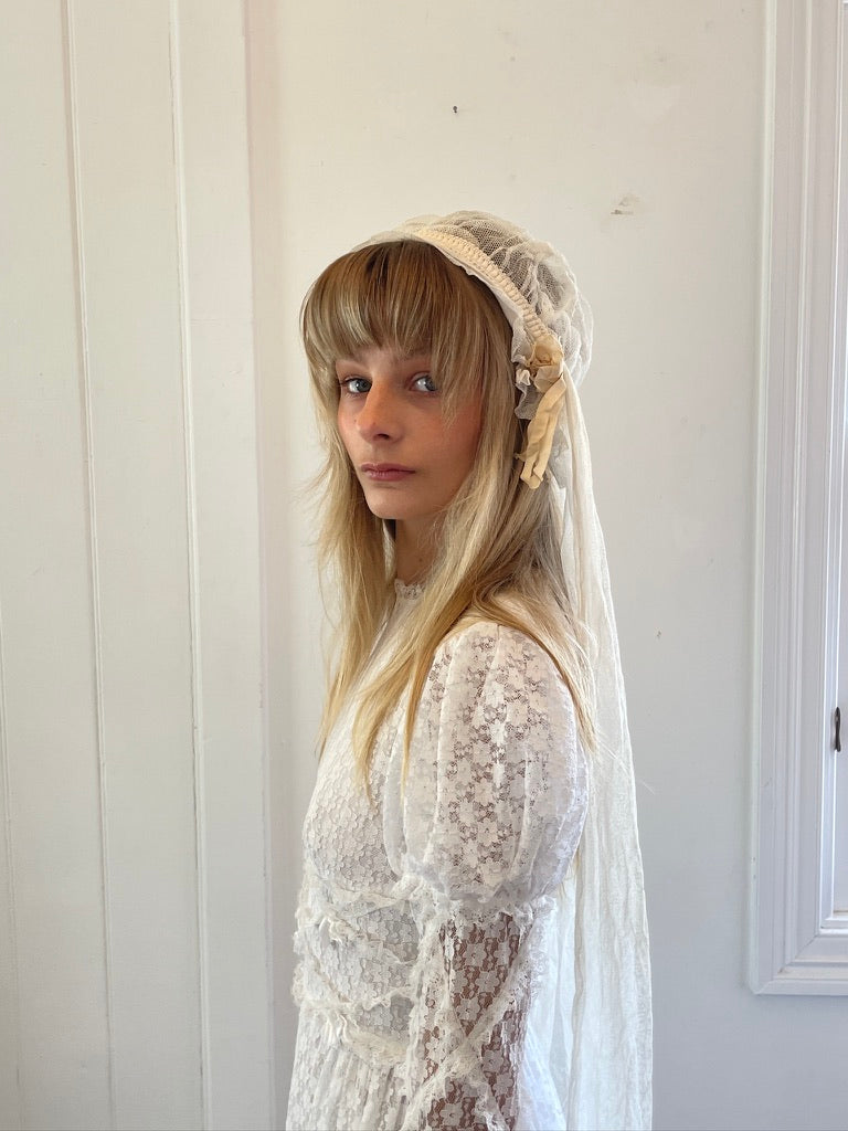 Antique 20s Juliet Cap veil with ruffles and satin ribbon flowers
