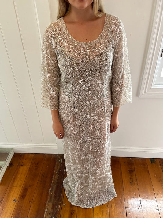 Vintage 60s semi sheer long sleeve beaded sequinned bridal gown