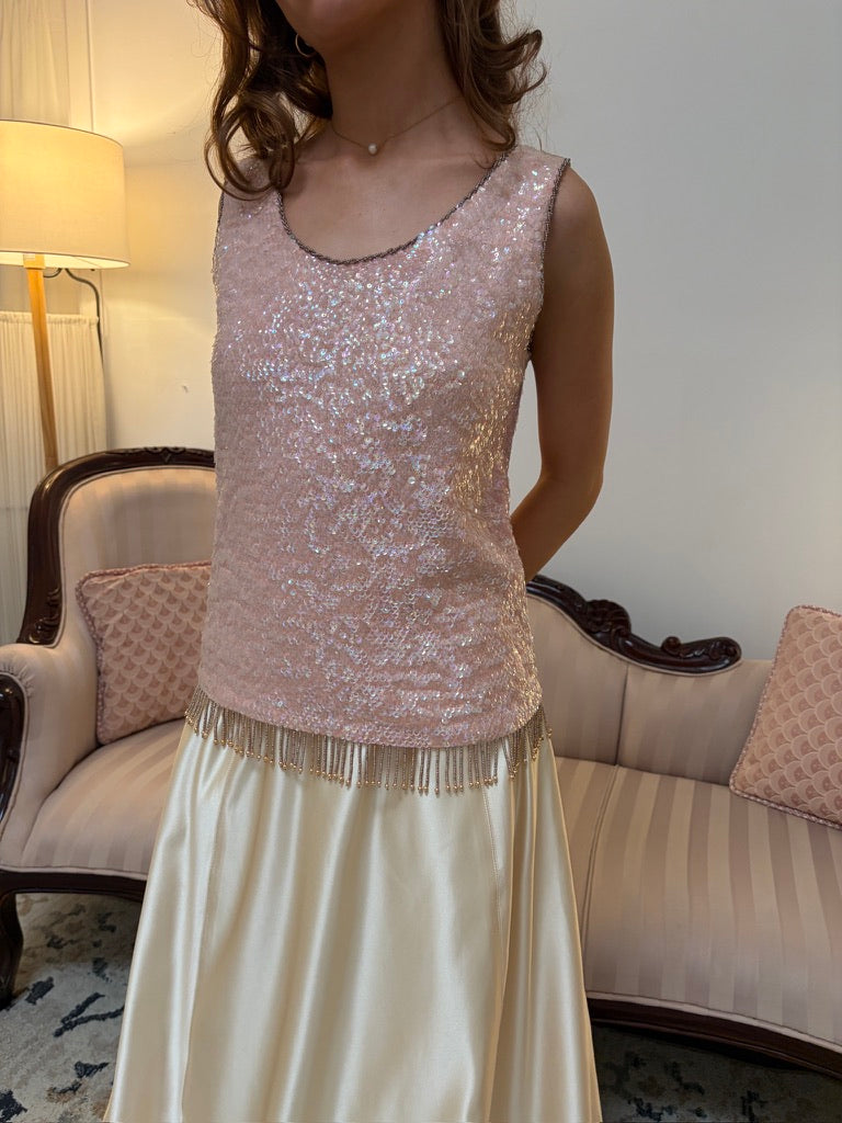 Vintage 60s pastel pink sequinned wool top with gold trim