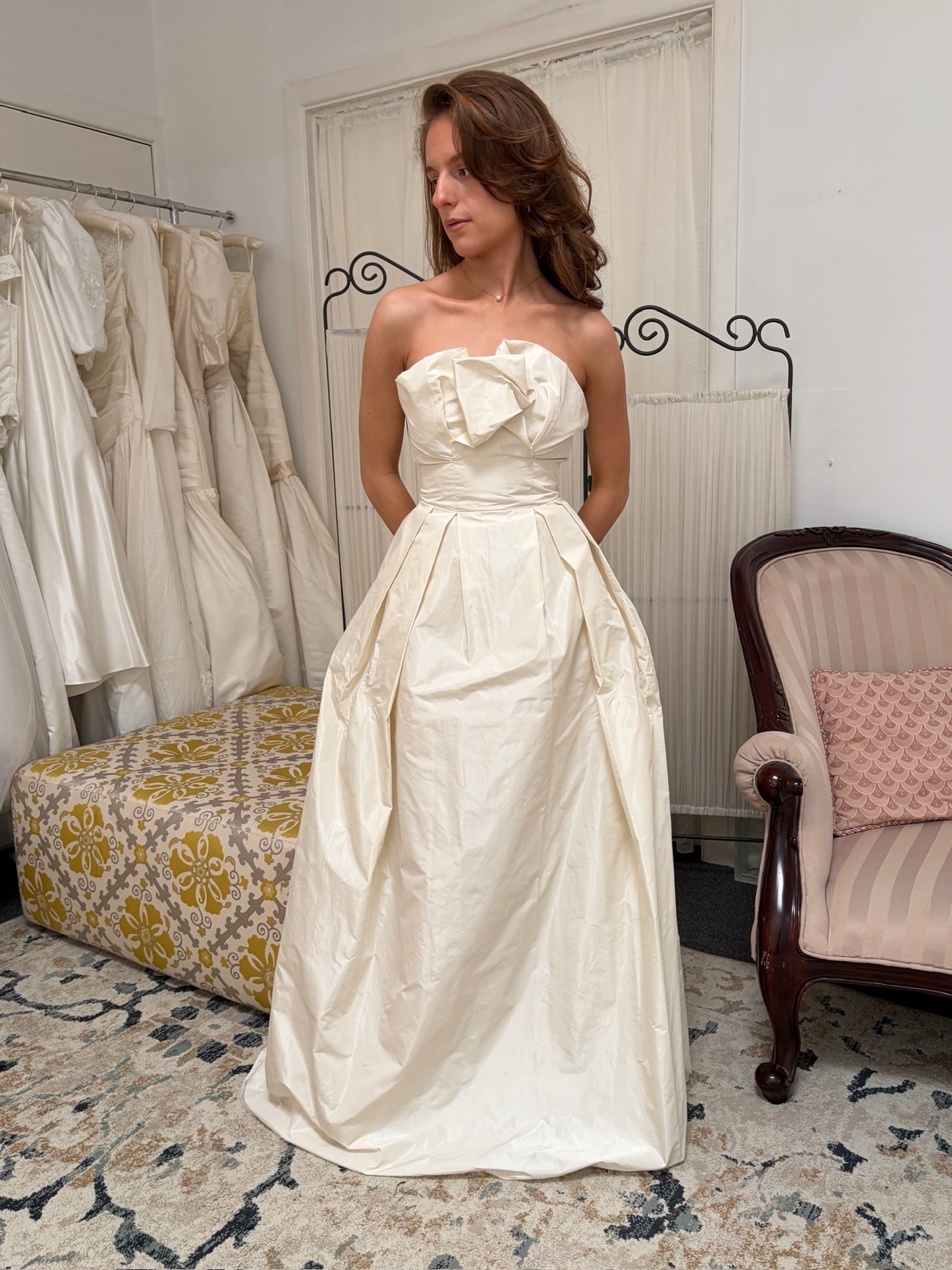 Vintage 00s cream taffeta strapless wedding dress with waist tie
