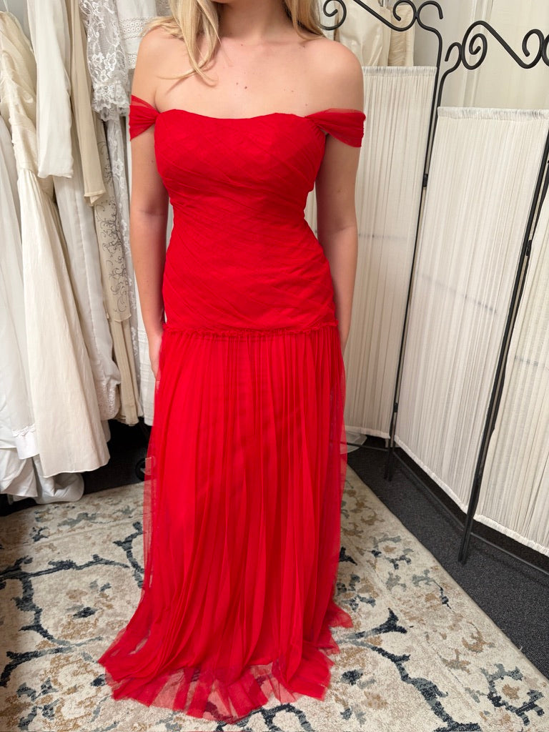 Vintage 00s Vera Wang red tulle drop waist evening dress