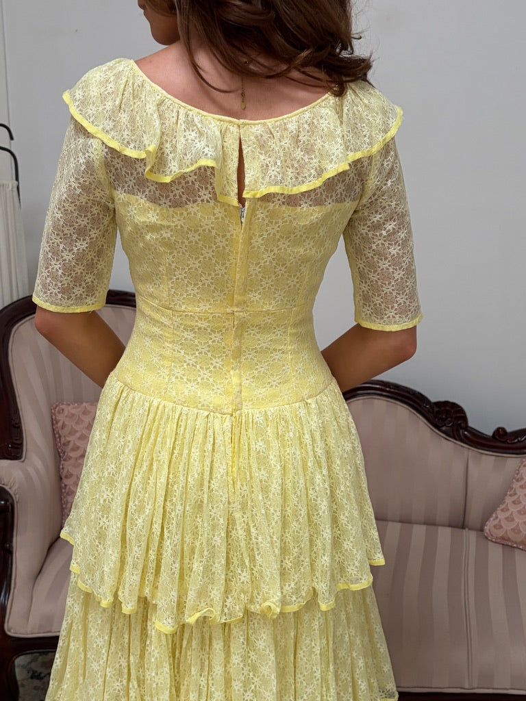 Vintage 70s lemon yellow tiered lace evening dress