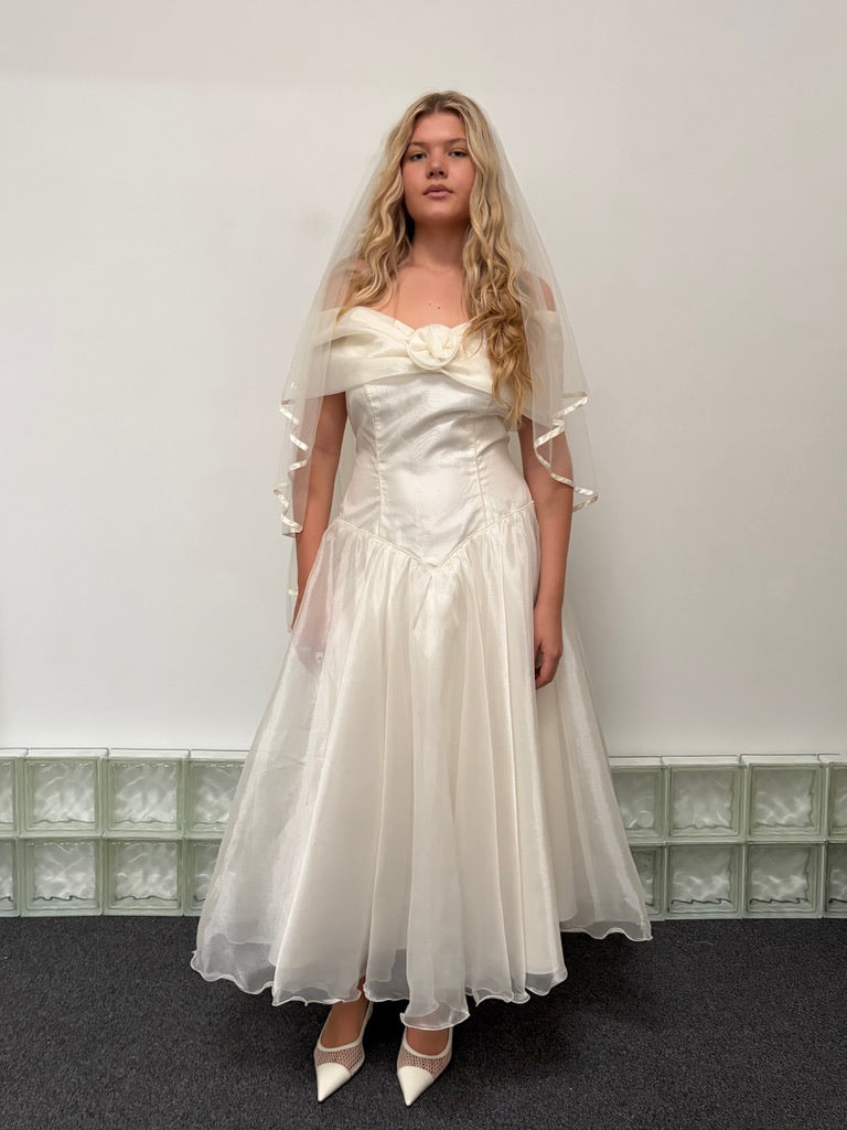 Vintage 90s basque waist organza tea length wedding dress