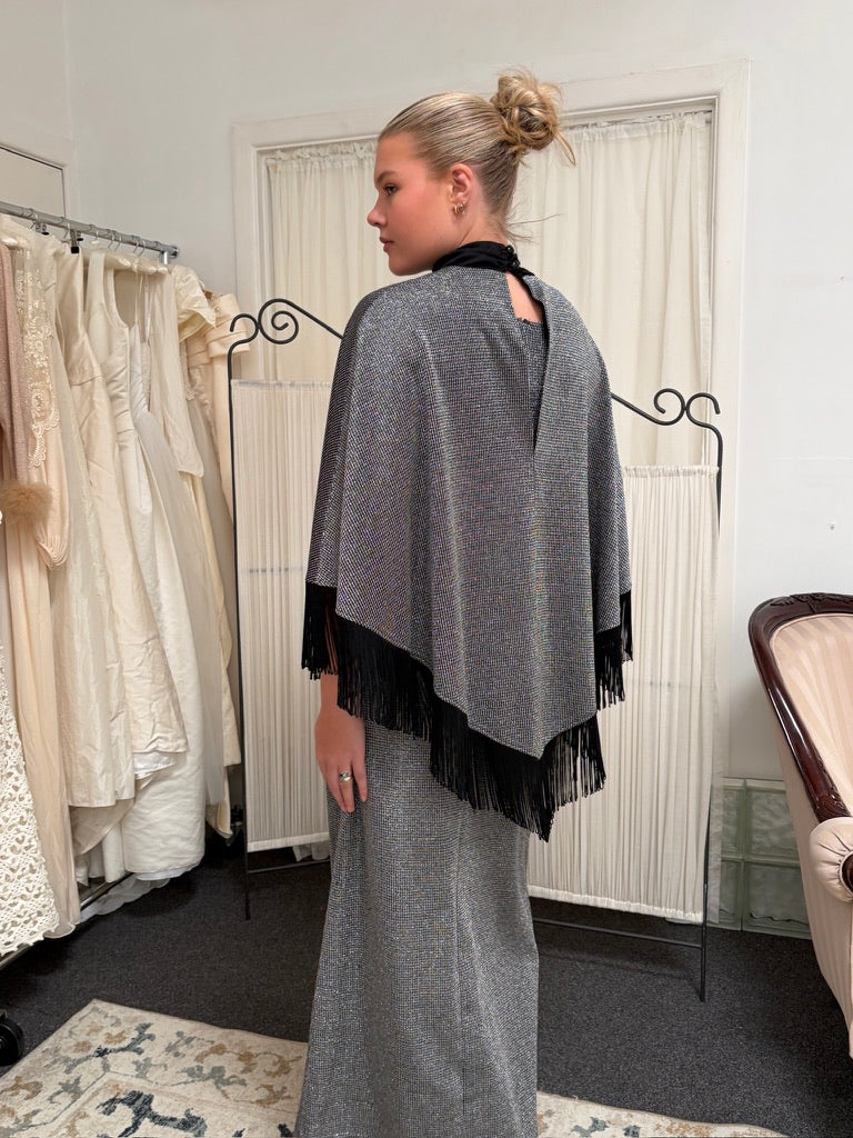 Vintage 70s silver evening dress with matching fringed cape