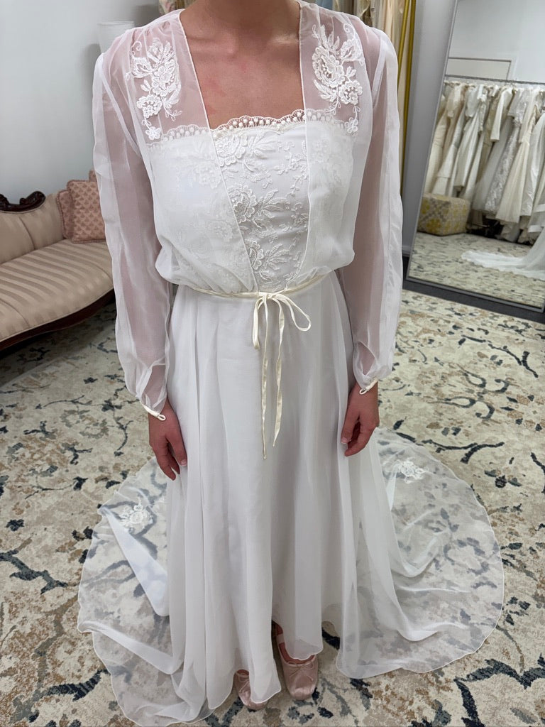 Vintage 70s ivory wedding dress with long sleeve bolero and train