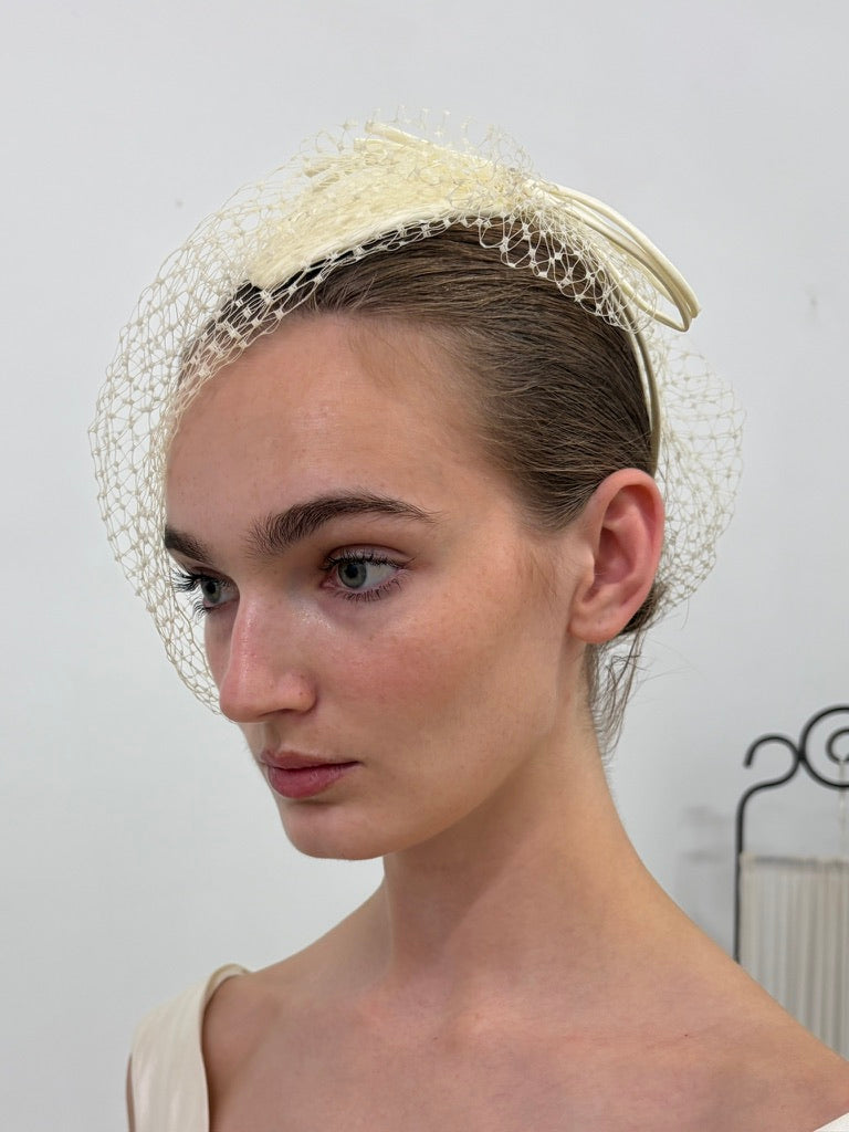 Vintage 80s cream satin bridal hat with birdcage veil