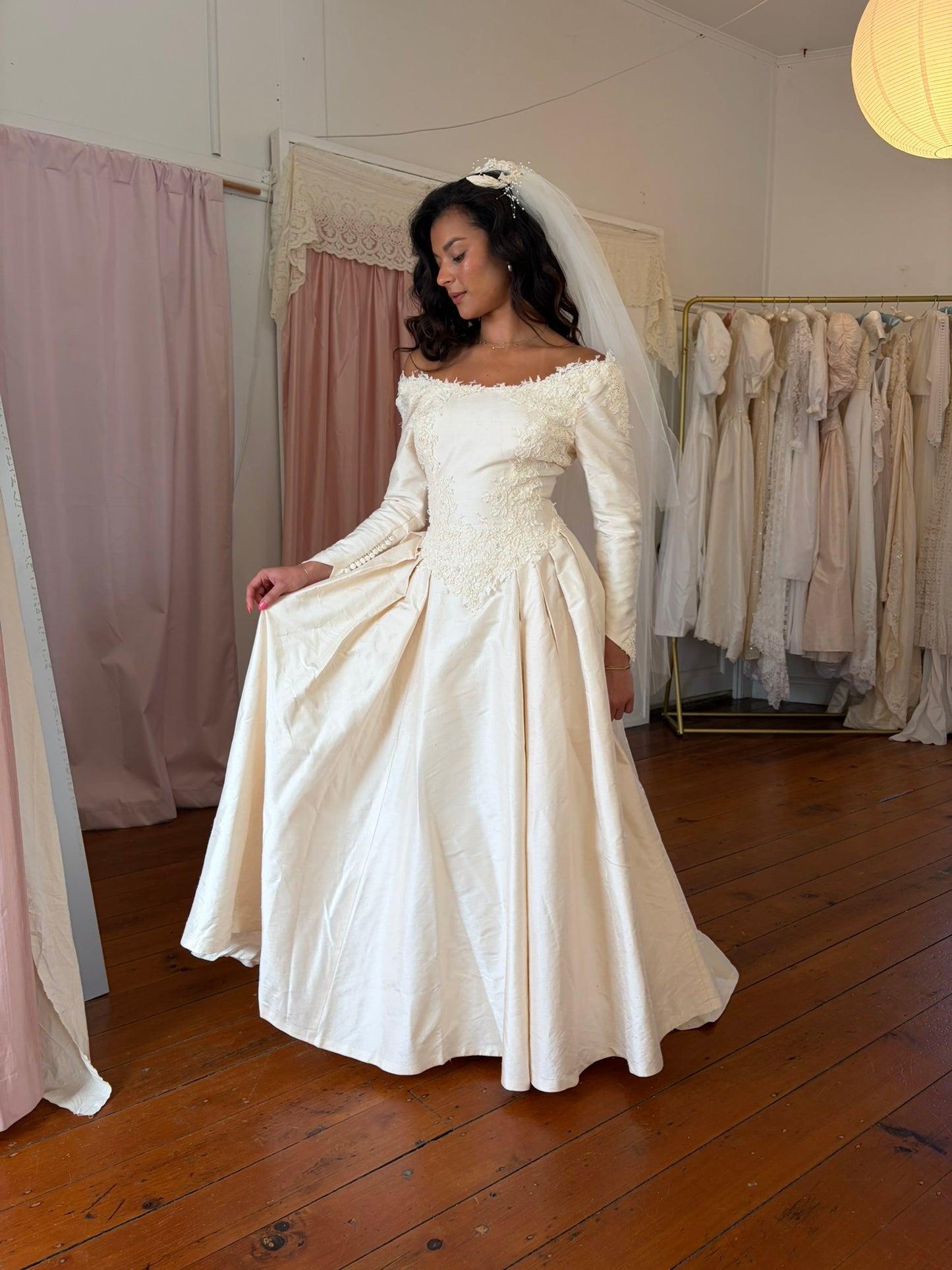 Vintage 1991 Silk dupion lone sleeve wedding gown with matching veil