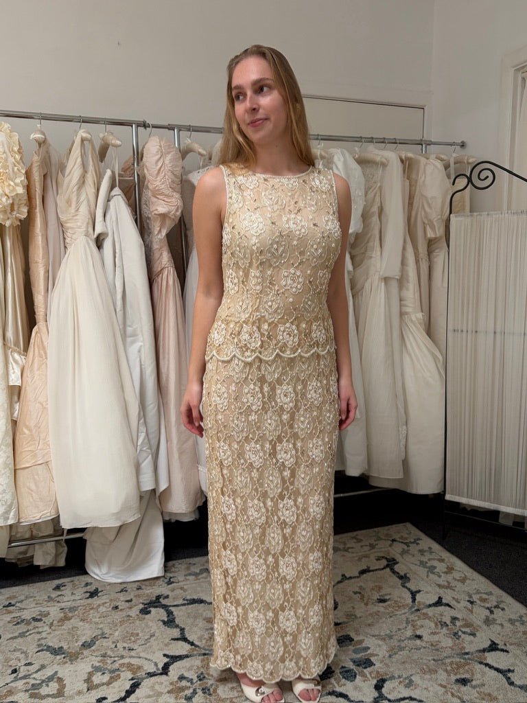 Vintage 90s high neck beaded champagne column dress