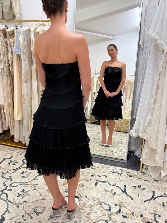 Vintage 80s Frank Usher tiered pleated black strapless dress