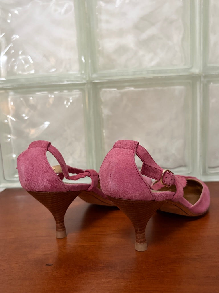 Vintage Loewe pink suede pointed toe heels with braided straps