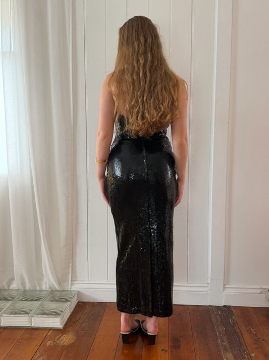 Vintage 90s black sequinned strapless column dress