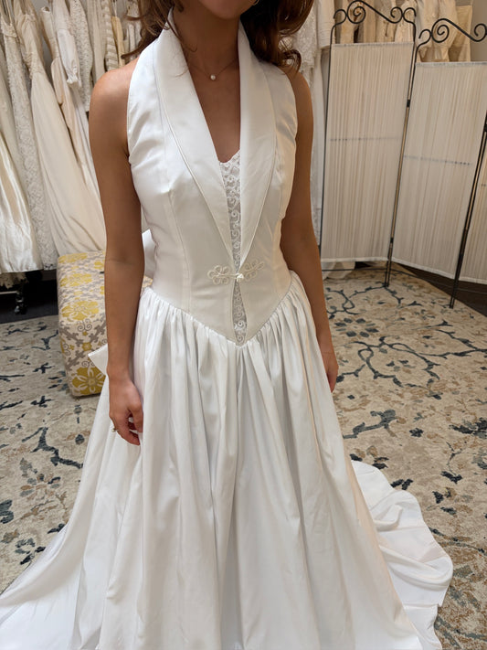 Vintage 90s taffeta basque waist halter wedding gown with train