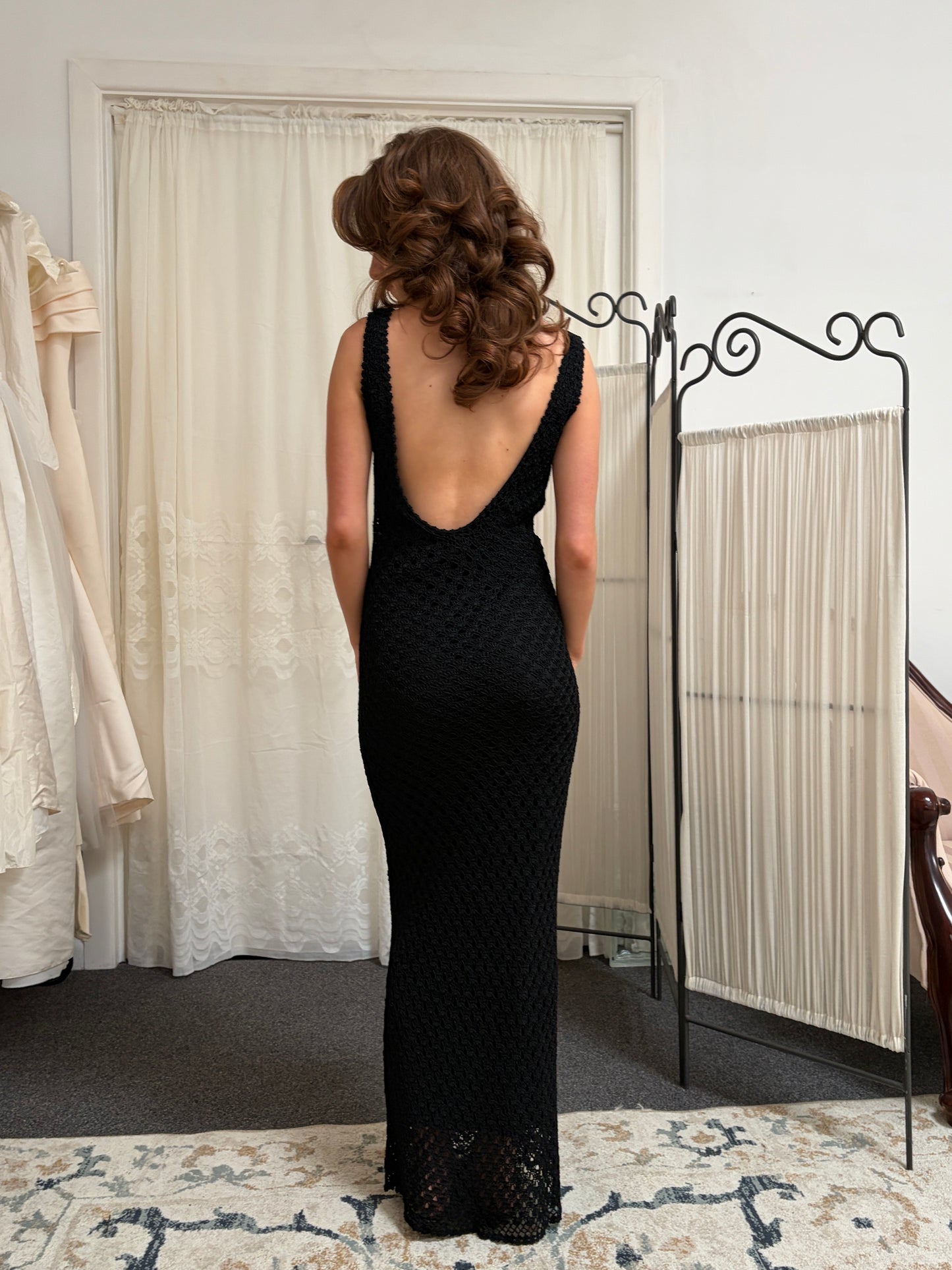 Vintage Y2K black crochet evening dress with low back