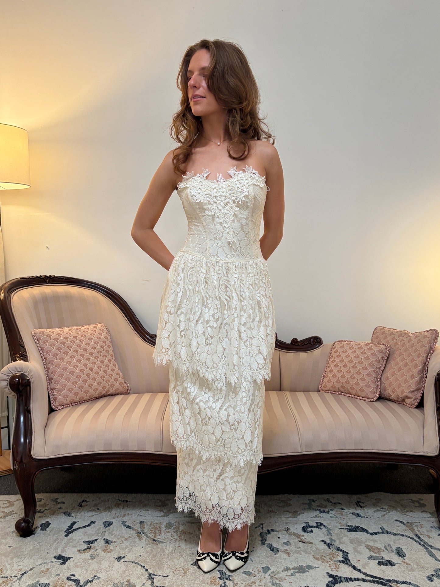 Vintage 80s strapless tiered lace column wedding dress