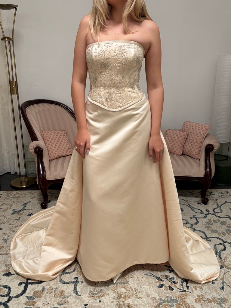 Vintage 00s Pronuptia champagne strapless wedding dress with detachable train