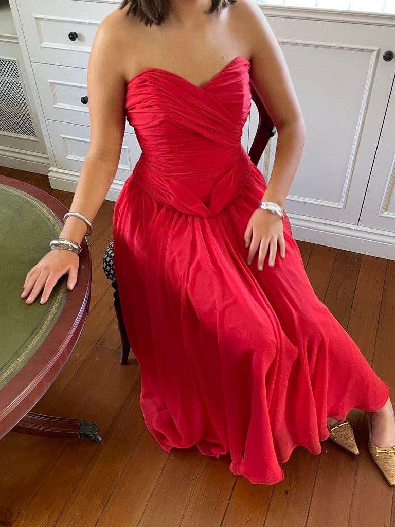 Vintage 80s red strapless basque waist gown with pleated bodice