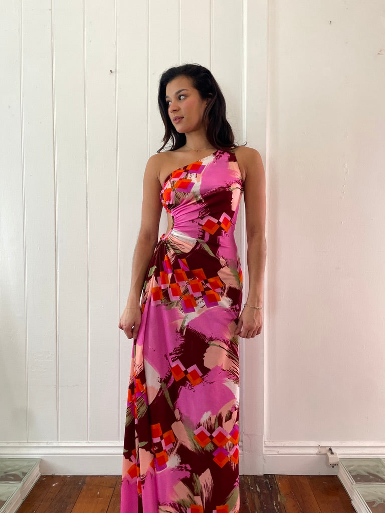 Vintage 70s colourful one shoulder maxi dress with cutout
