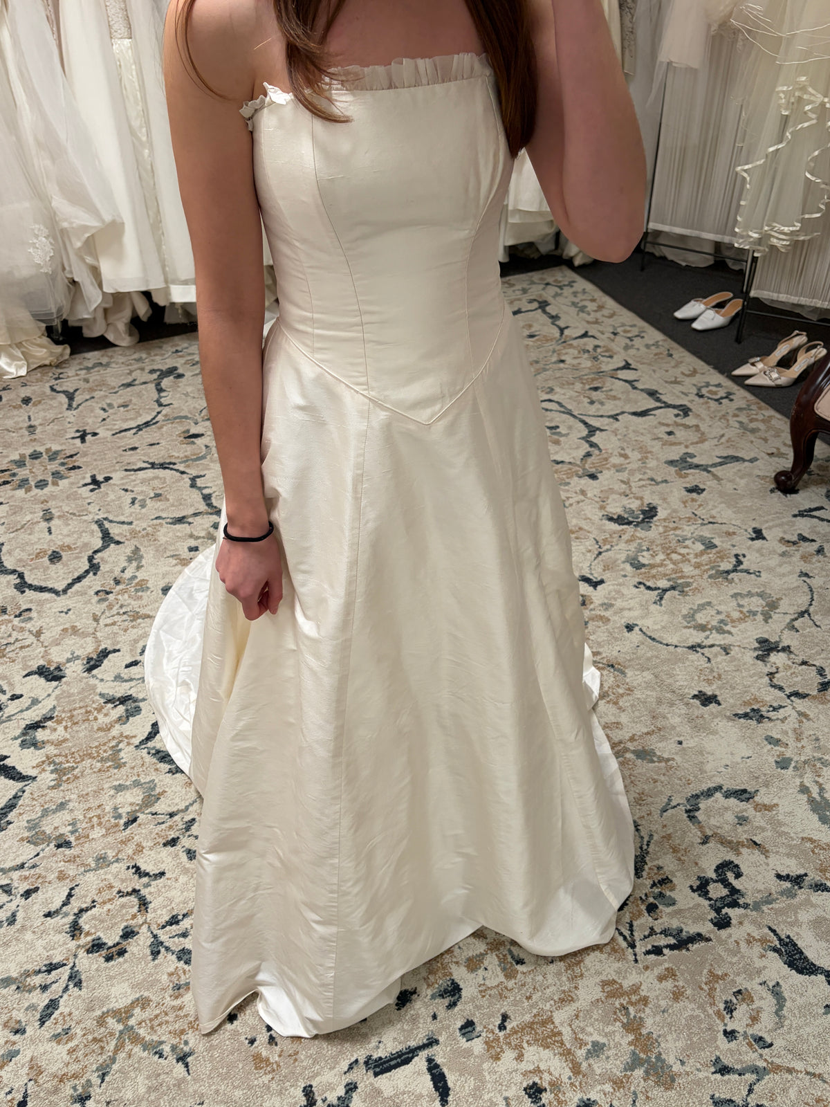 Vintage 90s pure silk dupion strapless a-line wedding dress with silk organza trim