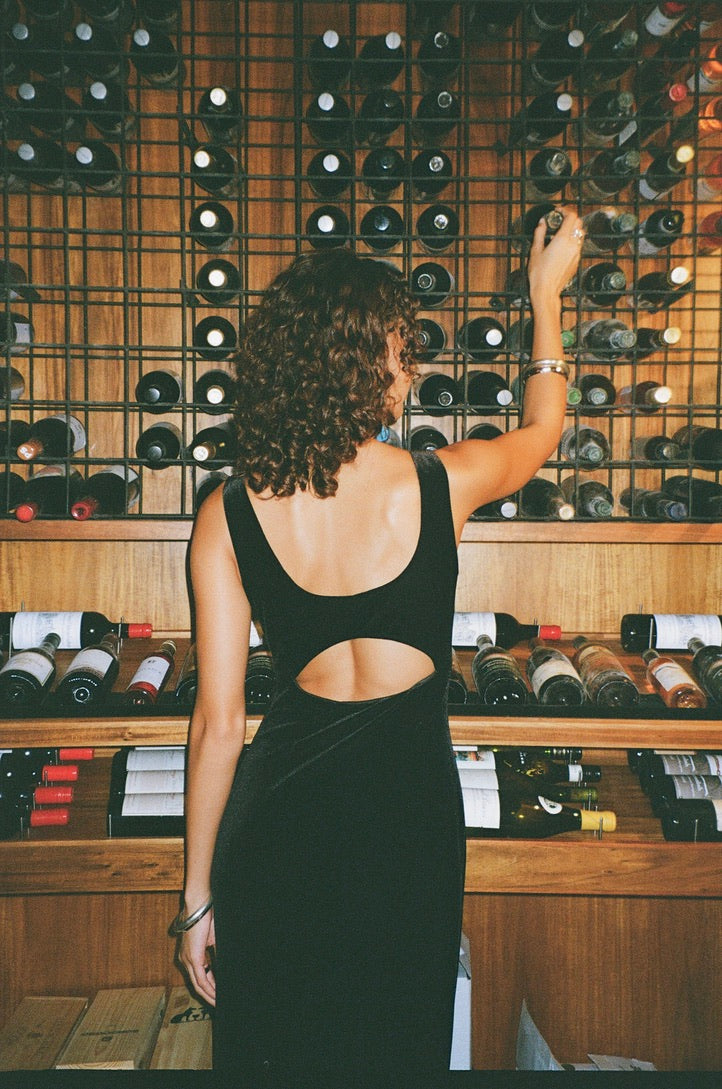 Vintage 90s black velvet maxi with open back and beaded details