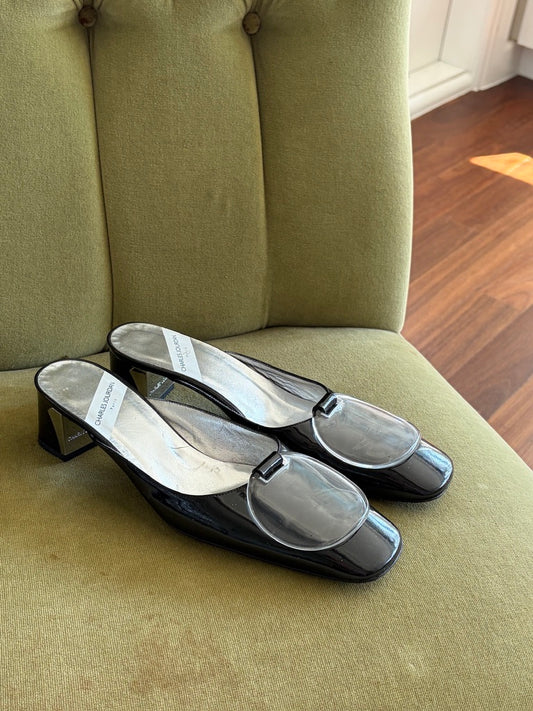 Vintage Charles Jourdan black square toe mule with translucent sphere