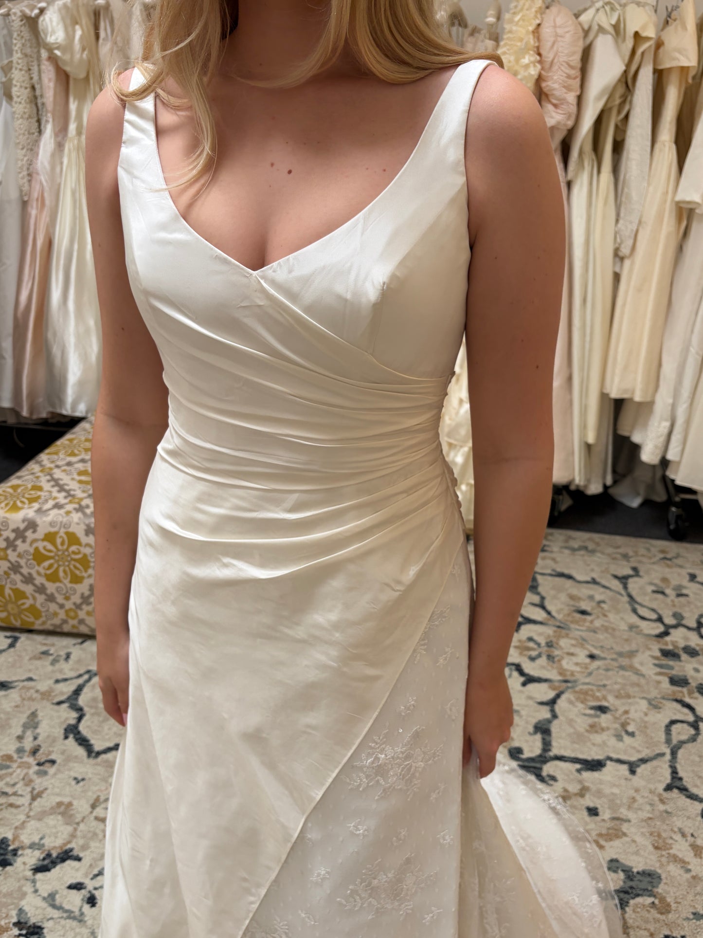 Vintage 00s V-neck draped silk taffeta lace wedding gown with train