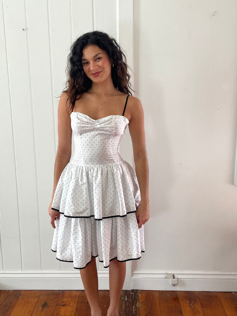 Vintage 80s white polka dot tiered mini dress