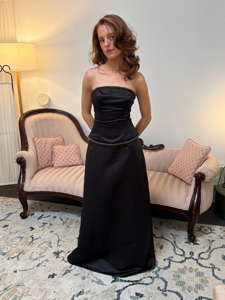 Vintage 90s black strapless drop waist evening gown with beaded trim