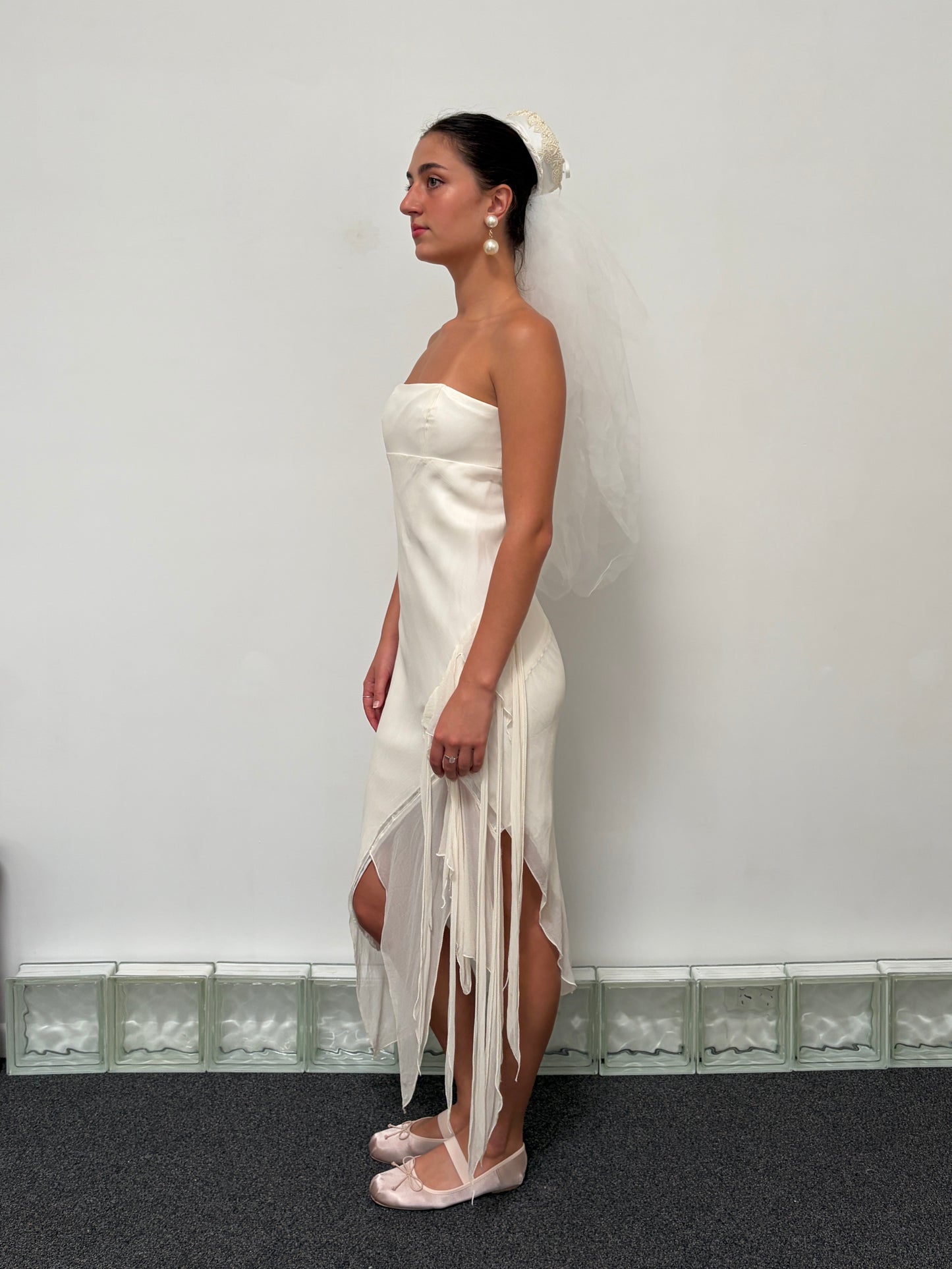 Vintage 90s ivory silk asymmetric bridal midi dress