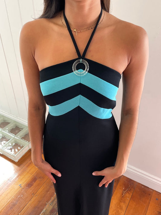 Vintage 90s Pati-Pat Paris black aqua halter neck maxi dress