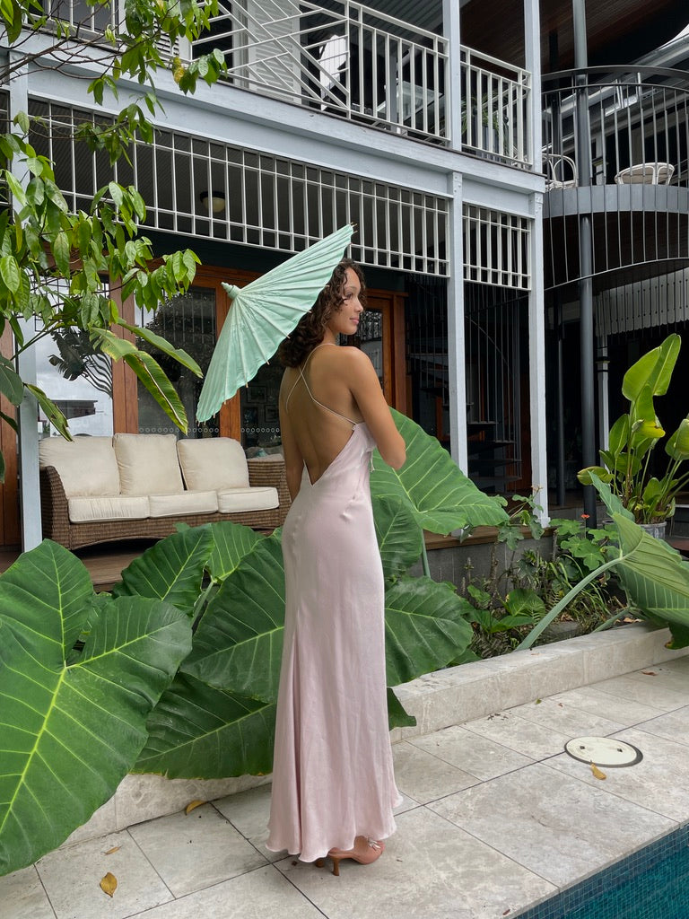 Vintage 90s ballet pink open back slip dress with bow detail