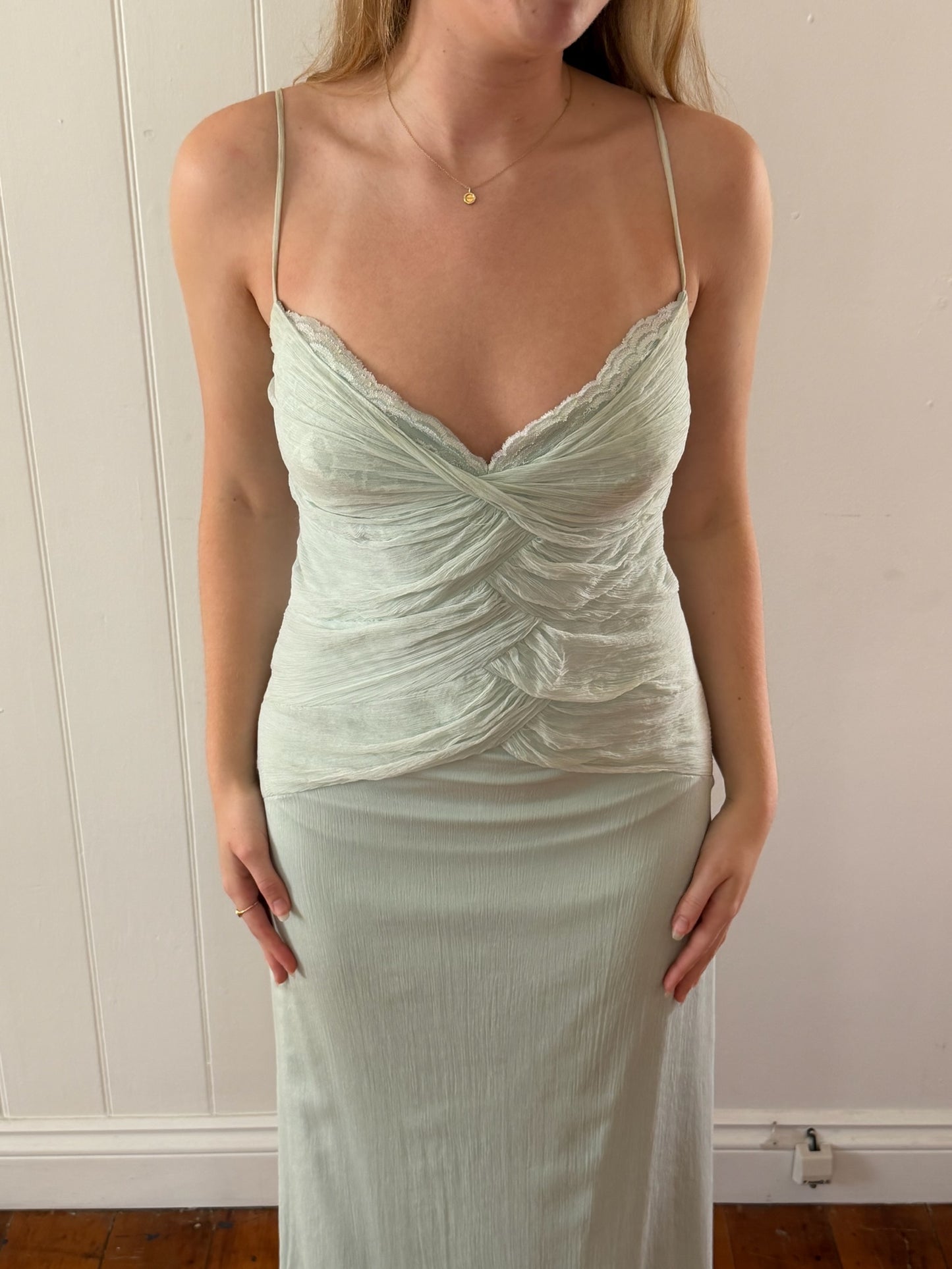 Vintage 90s baby blue silk ruched evening dress