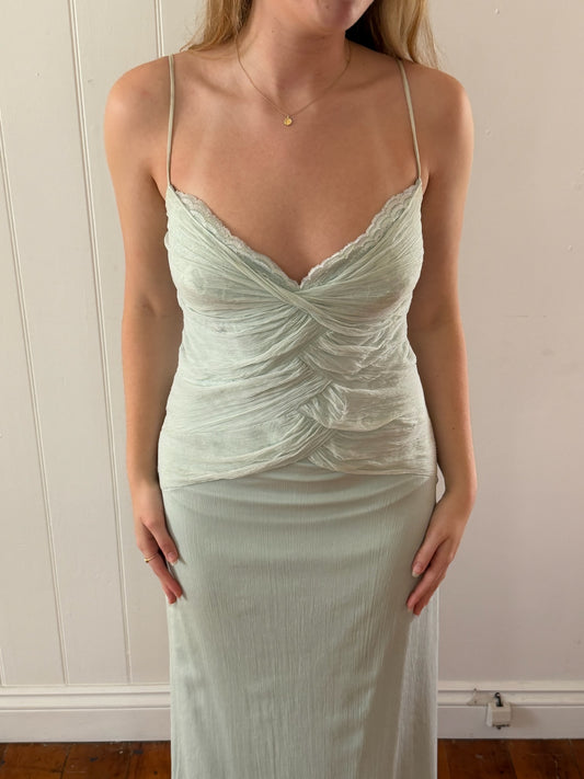 Vintage 90s baby blue silk ruched evening dress