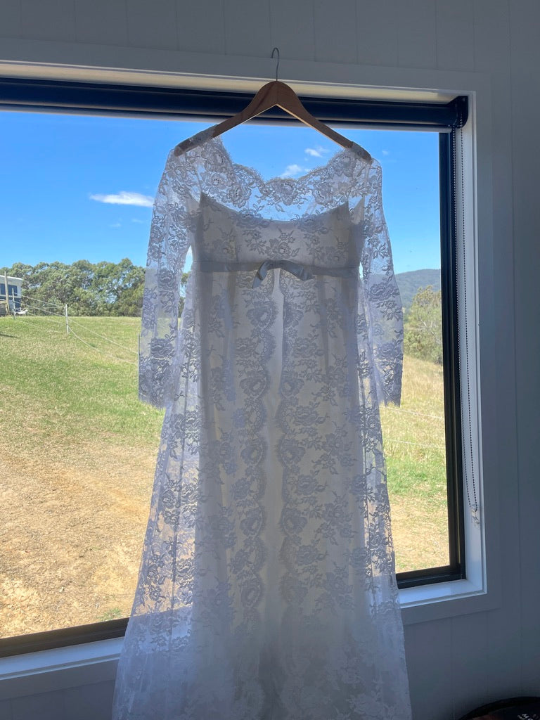 Vintage 60s long sleeve satin column gown with lace cape