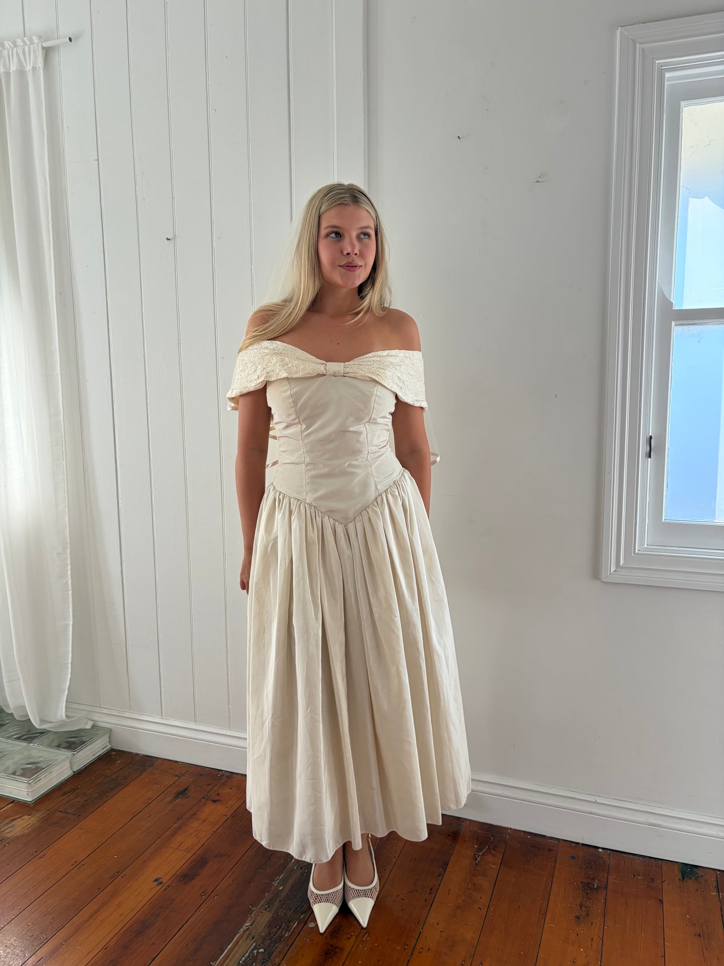 Vintage 90s cream basque waist off shoulder wedding dress