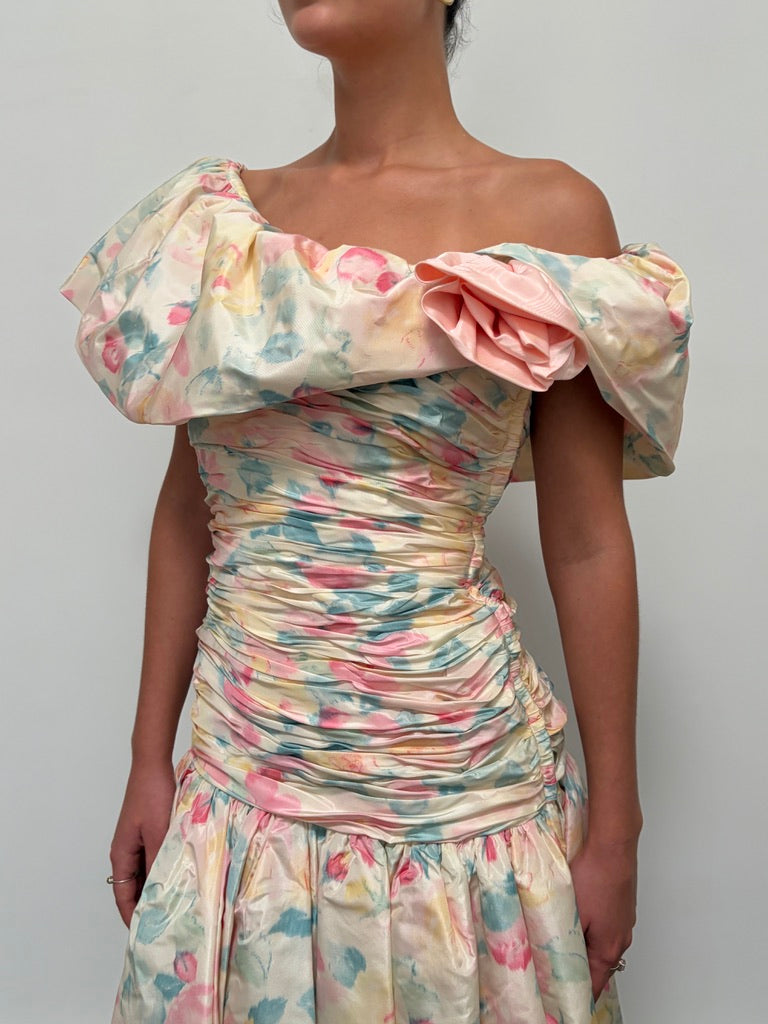 Vintage 80s rare Stephan Caras drop waist floral evening gown
