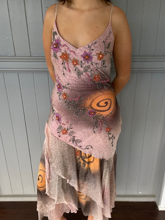 Vintage Y2K silk beaded whimsical slip dress
