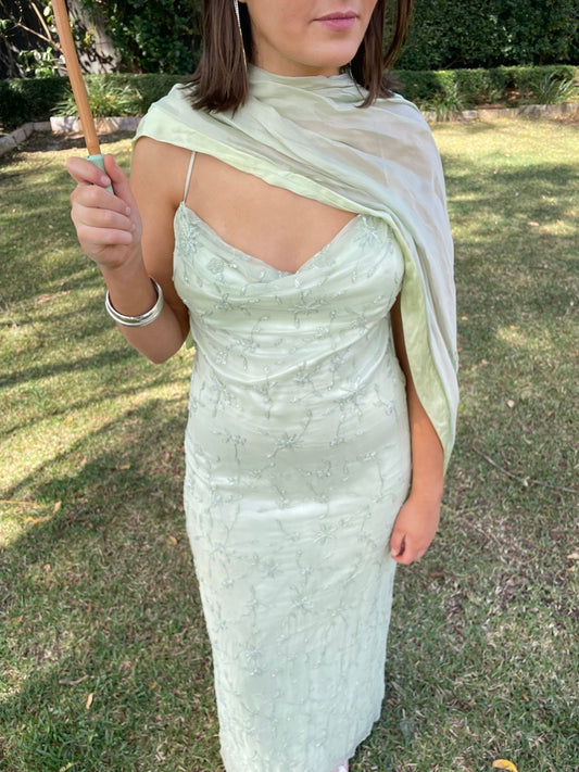 Vintage 90s pistachio green silk beaded open back evening dress