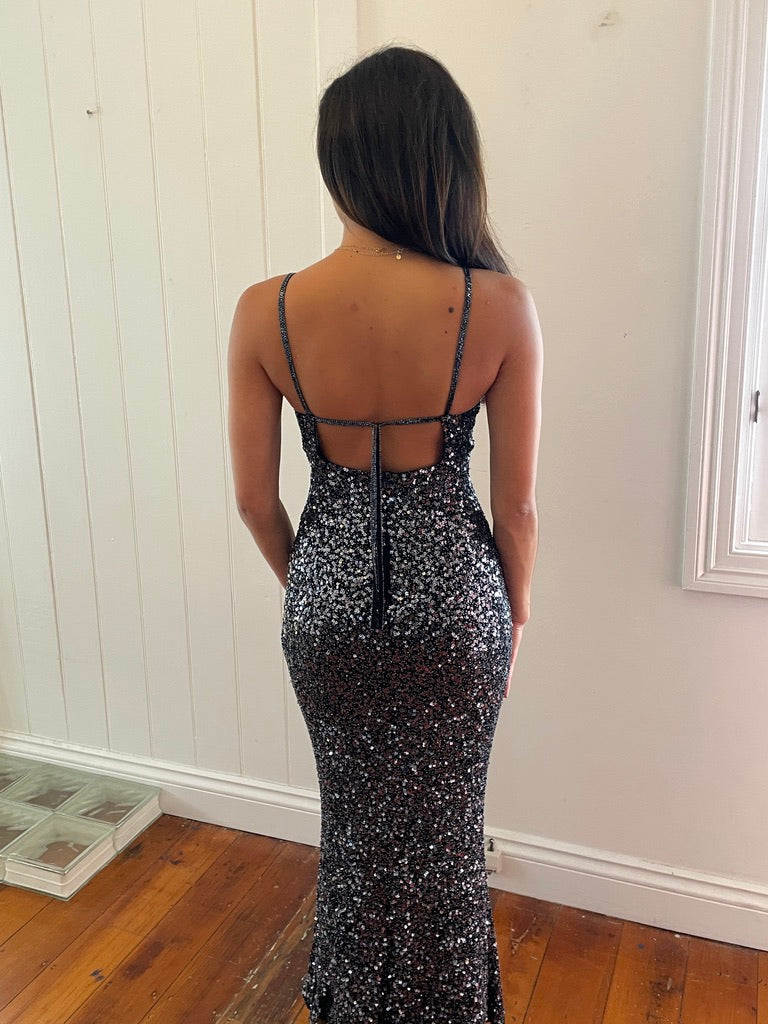 Vintage 90s midnight beaded open back evening dress