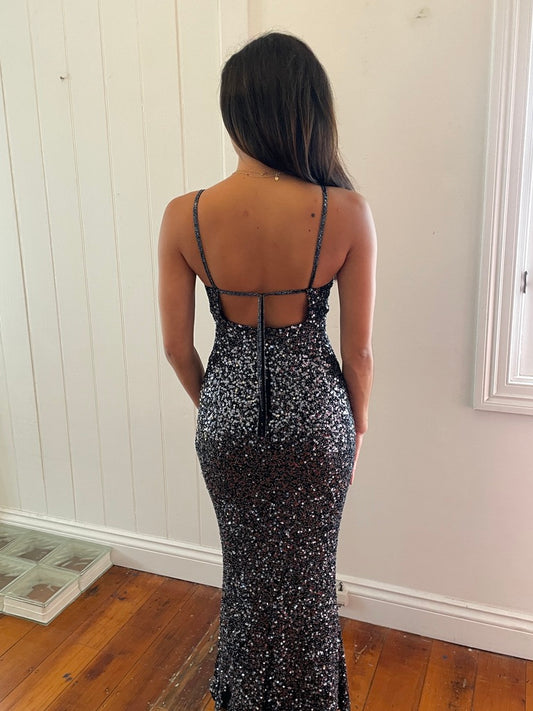 Vintage 90s midnight beaded open back evening dress