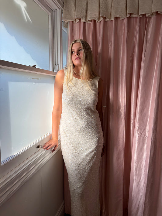 Vintage 90s silk beaded high neck gown with low back