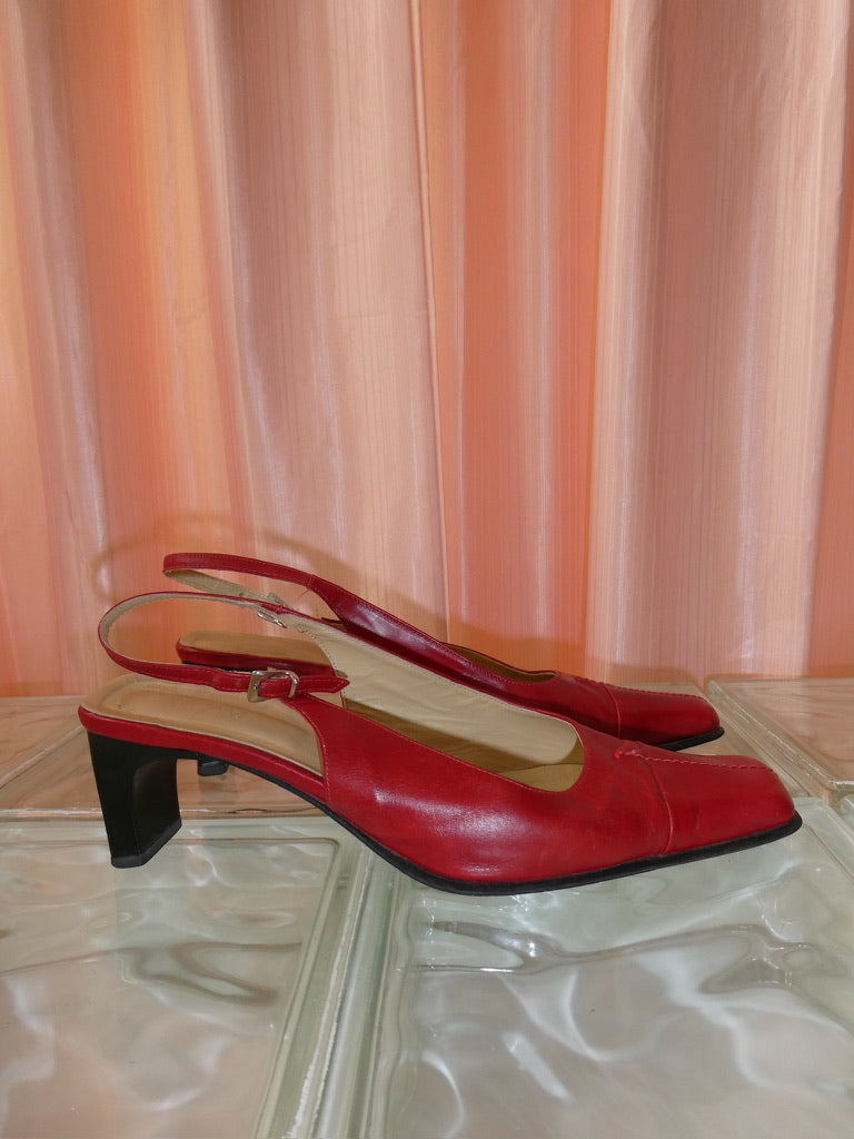 90s red leather square toe slingback kitten heels size 40